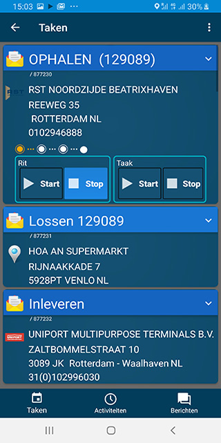 Taken lijst - Elk rit regel in uw TMS of RDA verschijnt in de app als een Taak.